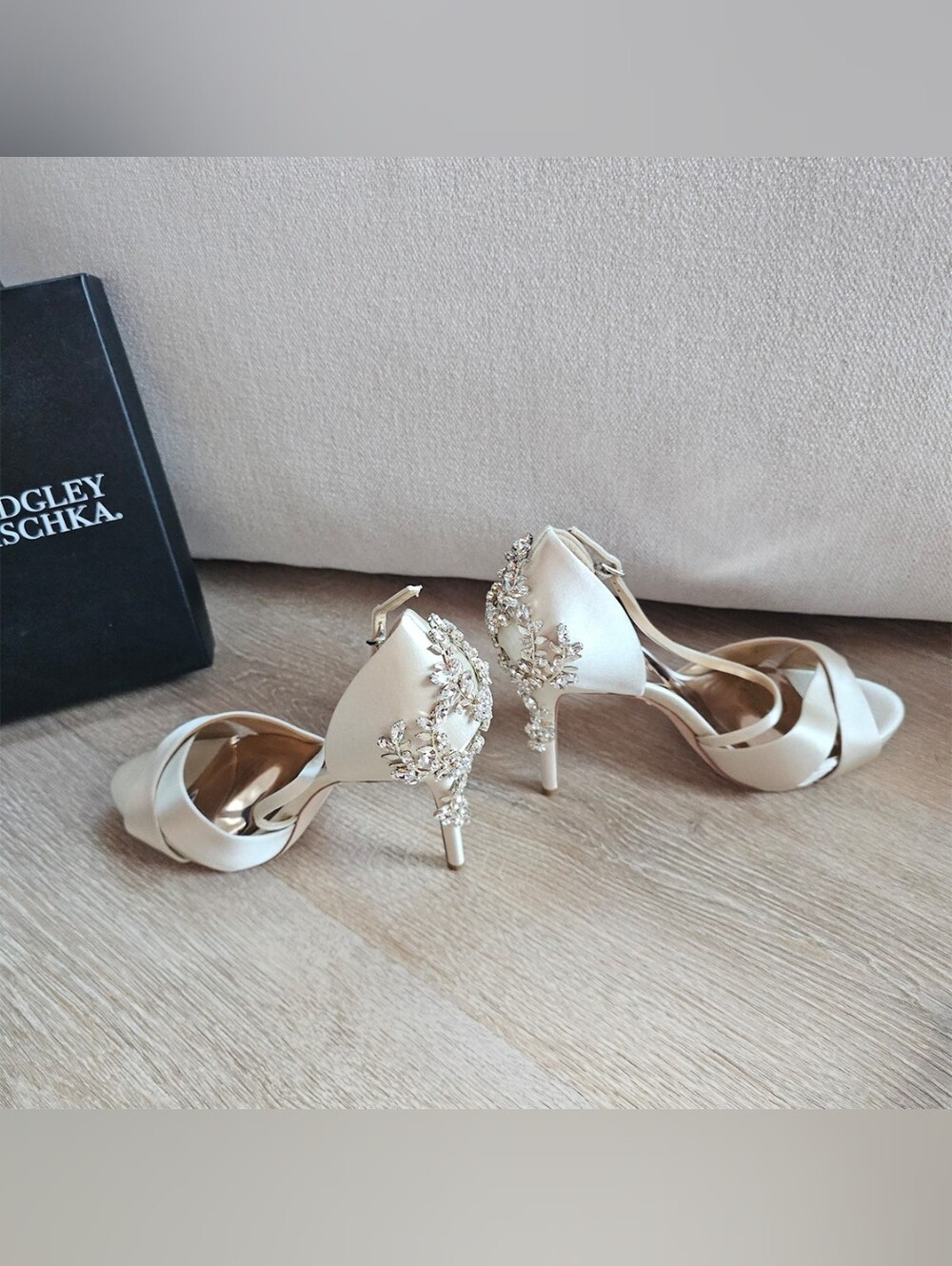 Badgley Mischka Fame Ivory Satin Crisscross Open-Toe Heels with Crystal Accent - Picture 3 of 11